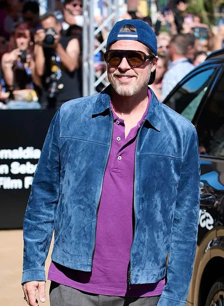 Brad Pitt 2026 Blue Suede Leather Jacket