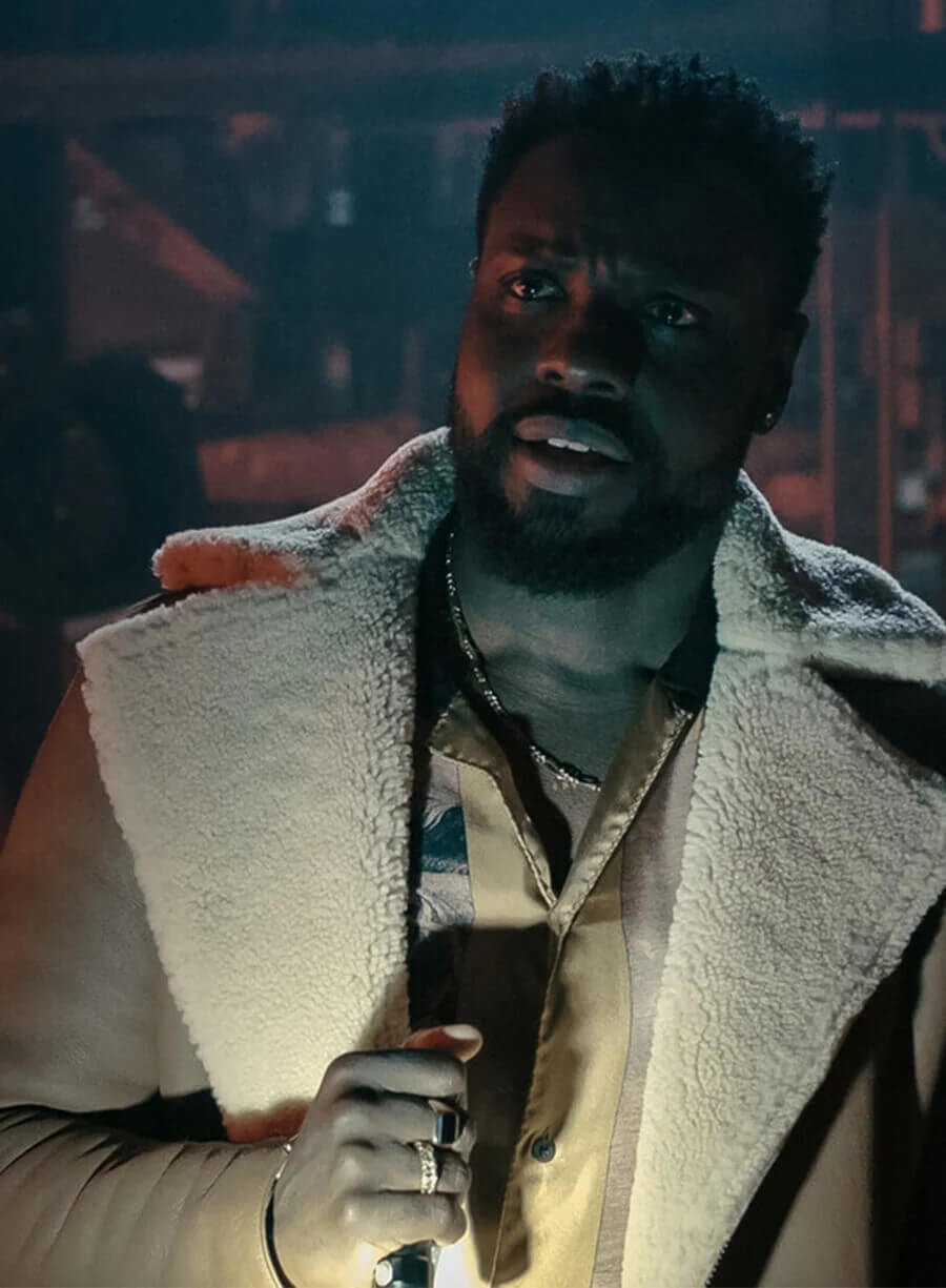Dayo Okeniyi Dark Matter Leighton Vance Shearling Suede Jacket