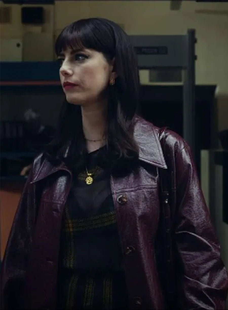 Kaya Scodelario The Gentlemen Susie Glass Maroon Leather Coat