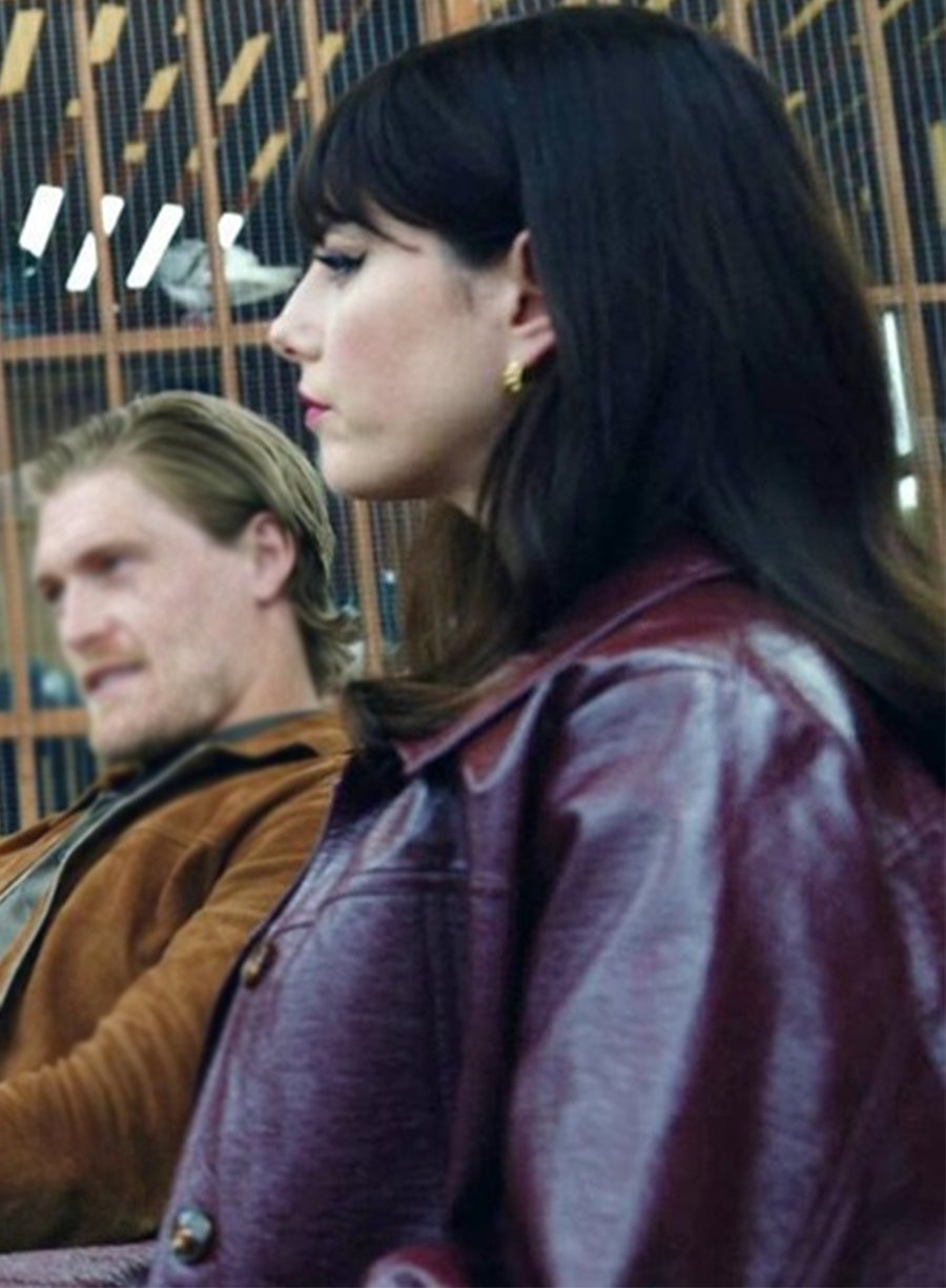 Kaya Scodelario The Gentlemen Susie Maroon Leather Coat