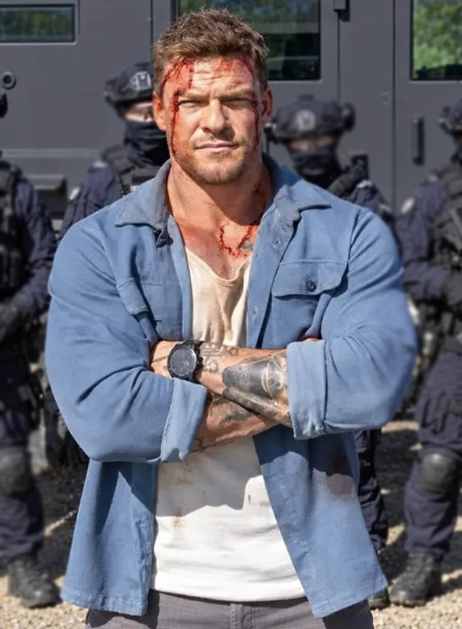 Runner 2026 Alan Ritchson Blue Overshirt Jacket