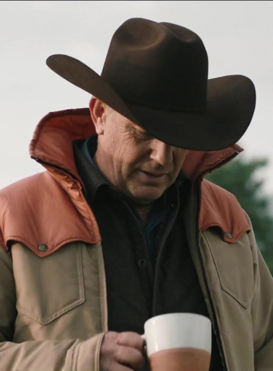 Close-up of Yellowstone John Dutton Two-Tone Khaki and Orange Jacket Premium Stitching